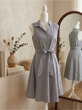 Ann Taylor Blue & white stripe, collared dress size 10 seersucker belted A line